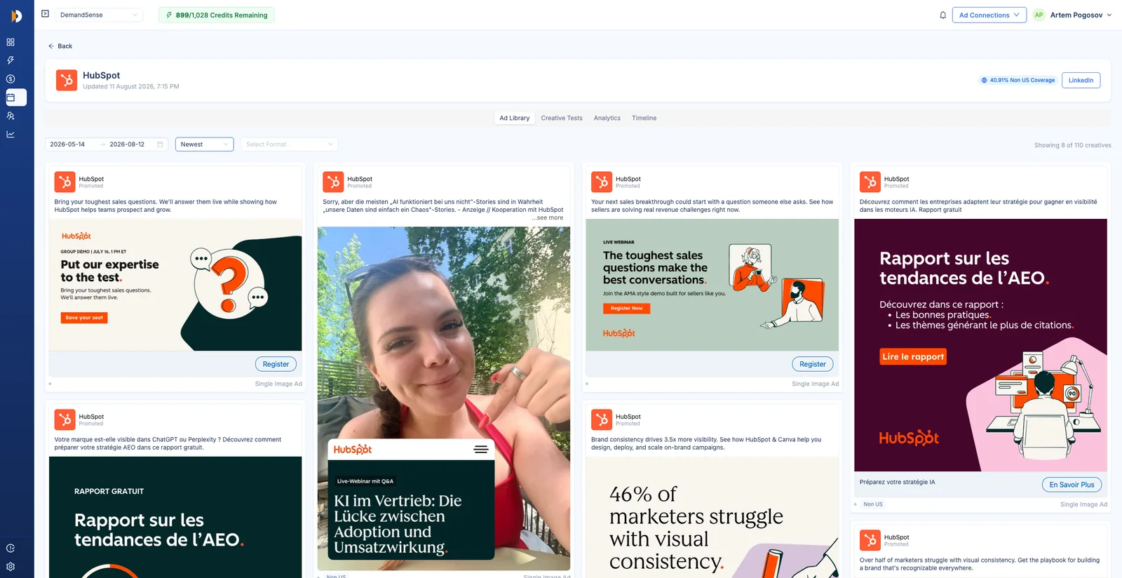 Competitor ad tracking in DemandSense: the LinkedIn ads your competitors are running