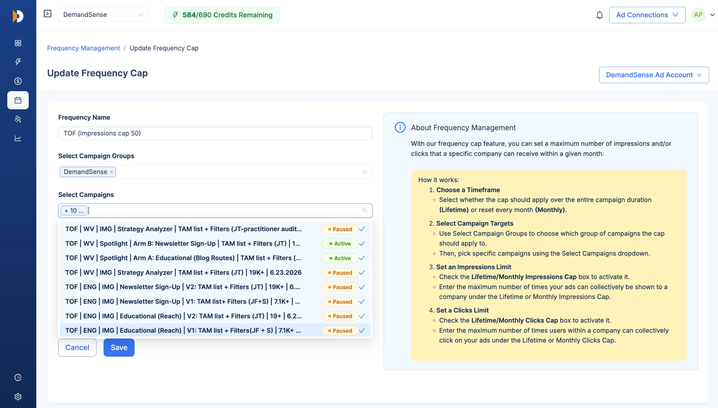 Select Campaigns dropdown inside the cap creation flow, showing campaign group and individual campaign options