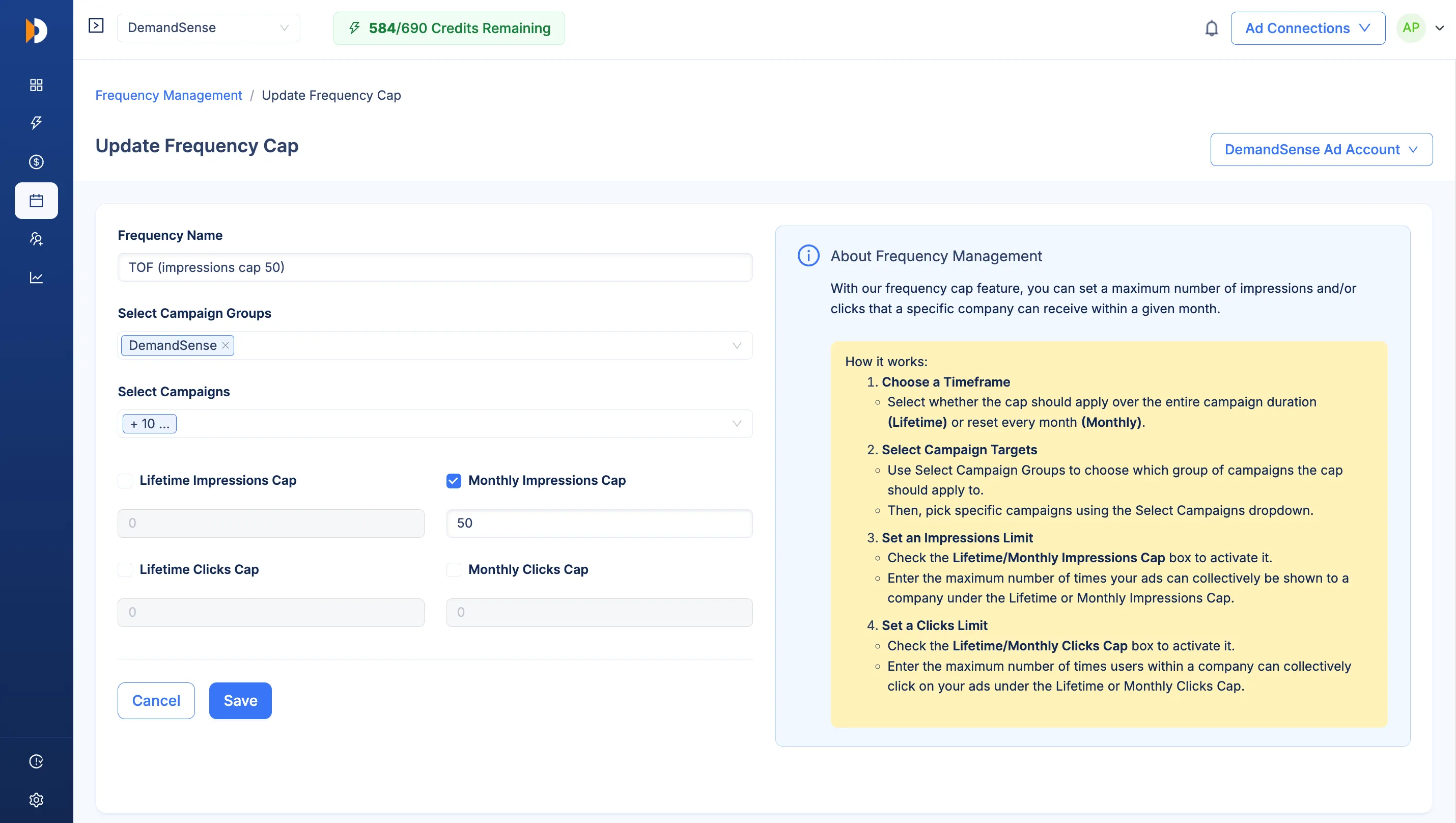 Update Frequency Cap form showing timeframe selection and impressions/clicks limit fields