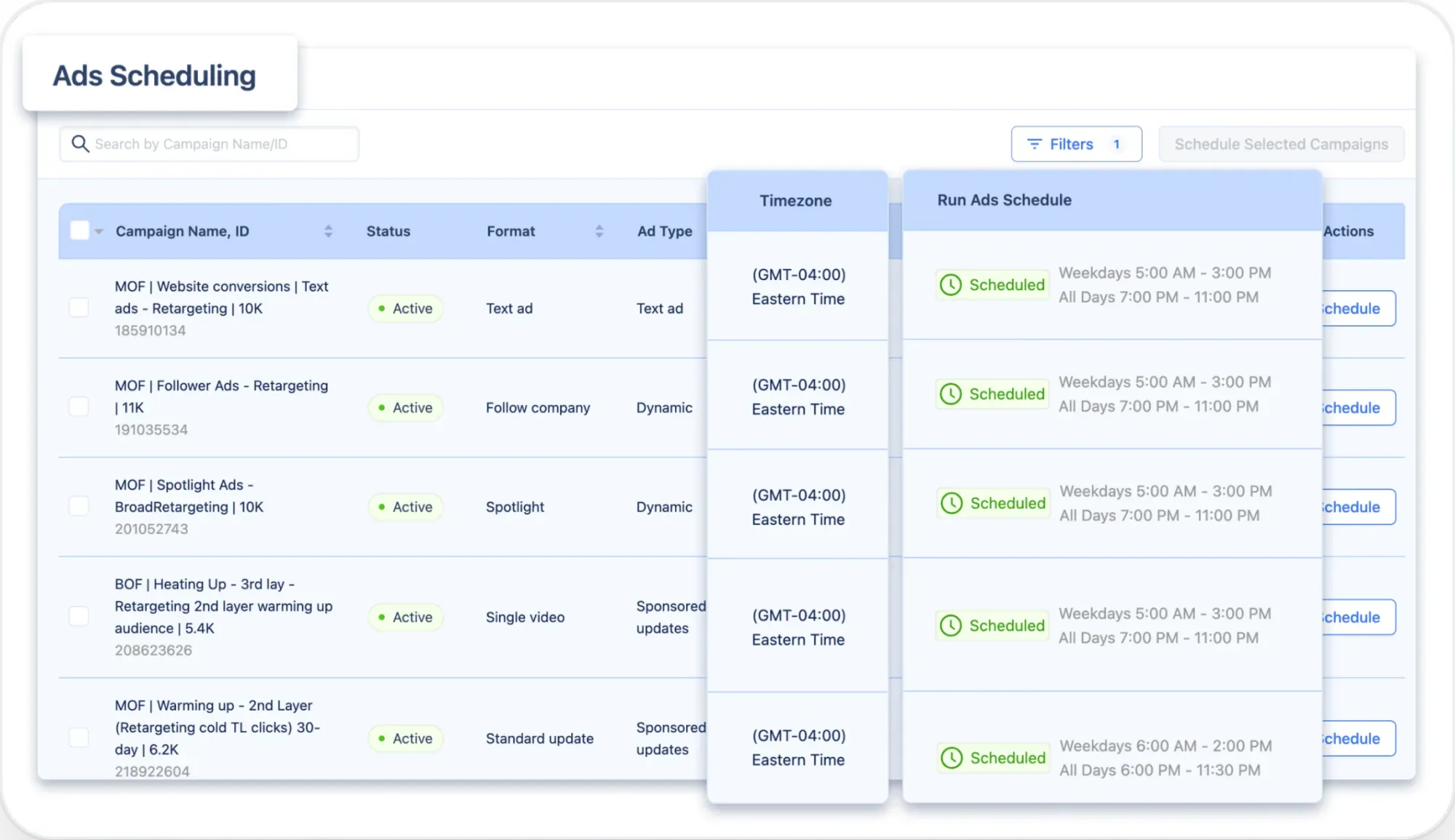 DemandSense LinkedIn Ad Scheduling Interface