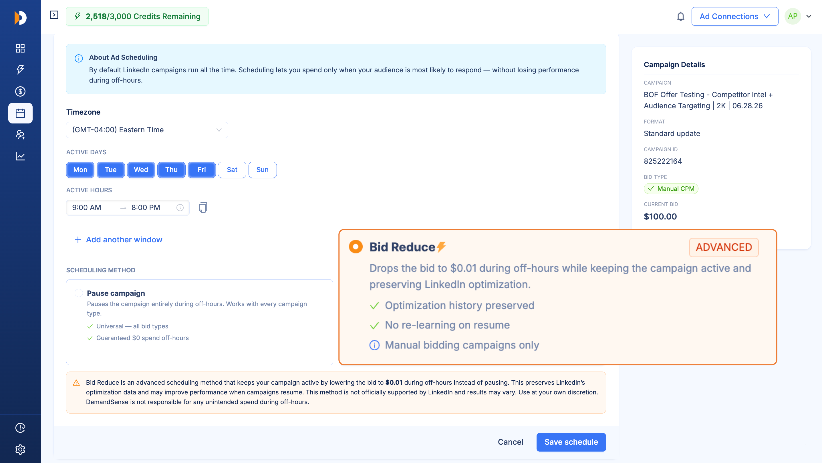 Bid reduction control showing the scheduling-method selector set to Bid Reduce with adjusted bid values per window.