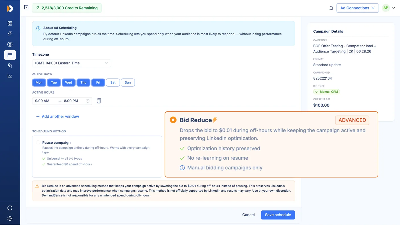 Bid reduction control showing the scheduling-method selector set to Bid Reduce with adjusted bid values per window.
