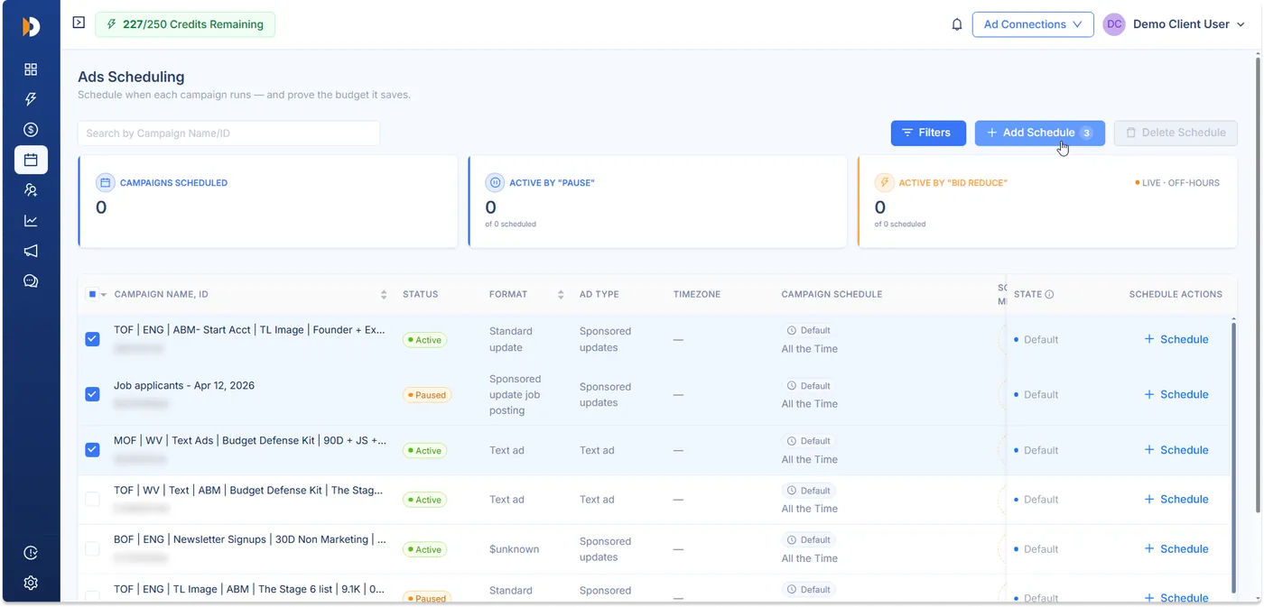 Automated pause interface showing campaigns toggling on and off based on the configured schedule.