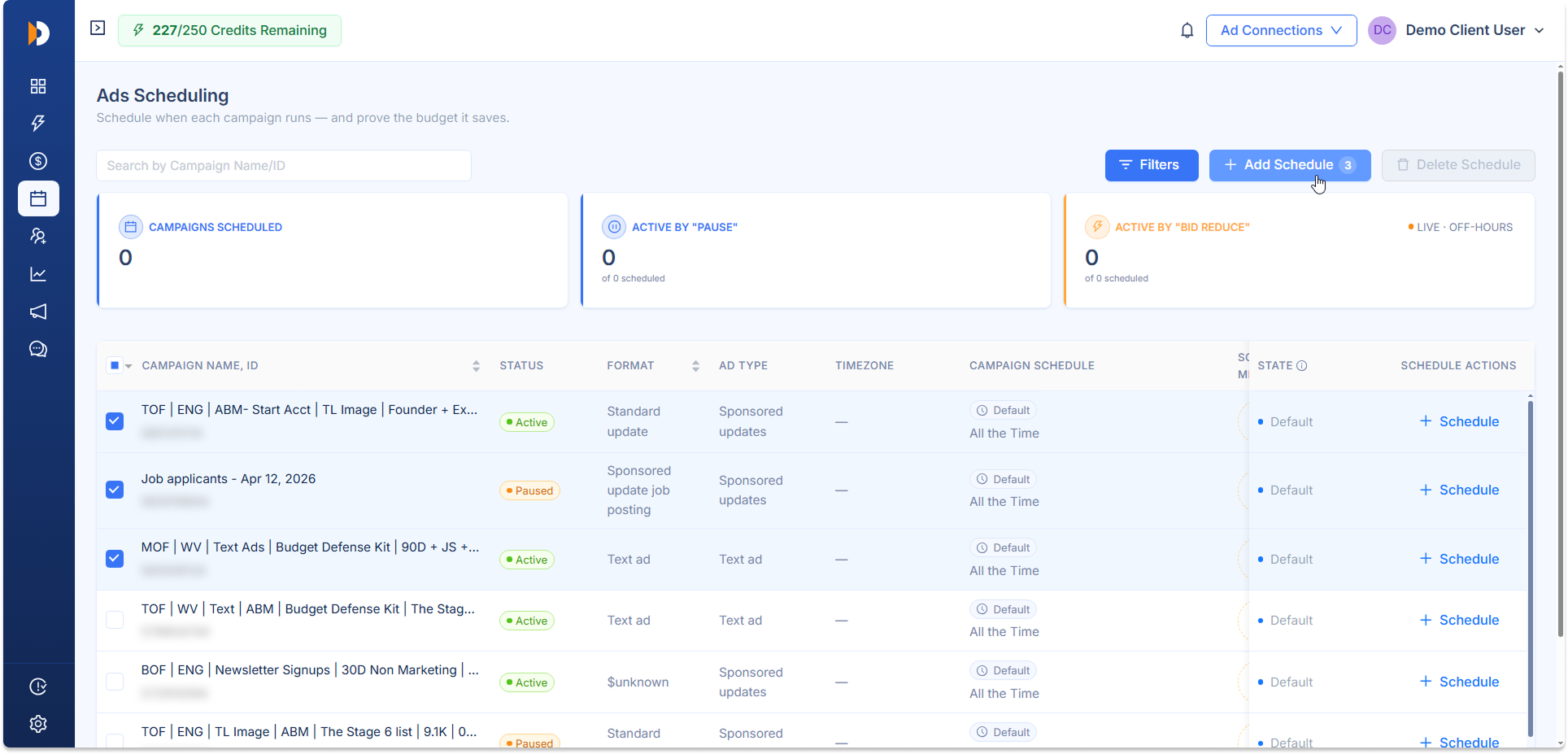 Automated pause interface showing campaigns toggling on and off based on the configured schedule.
